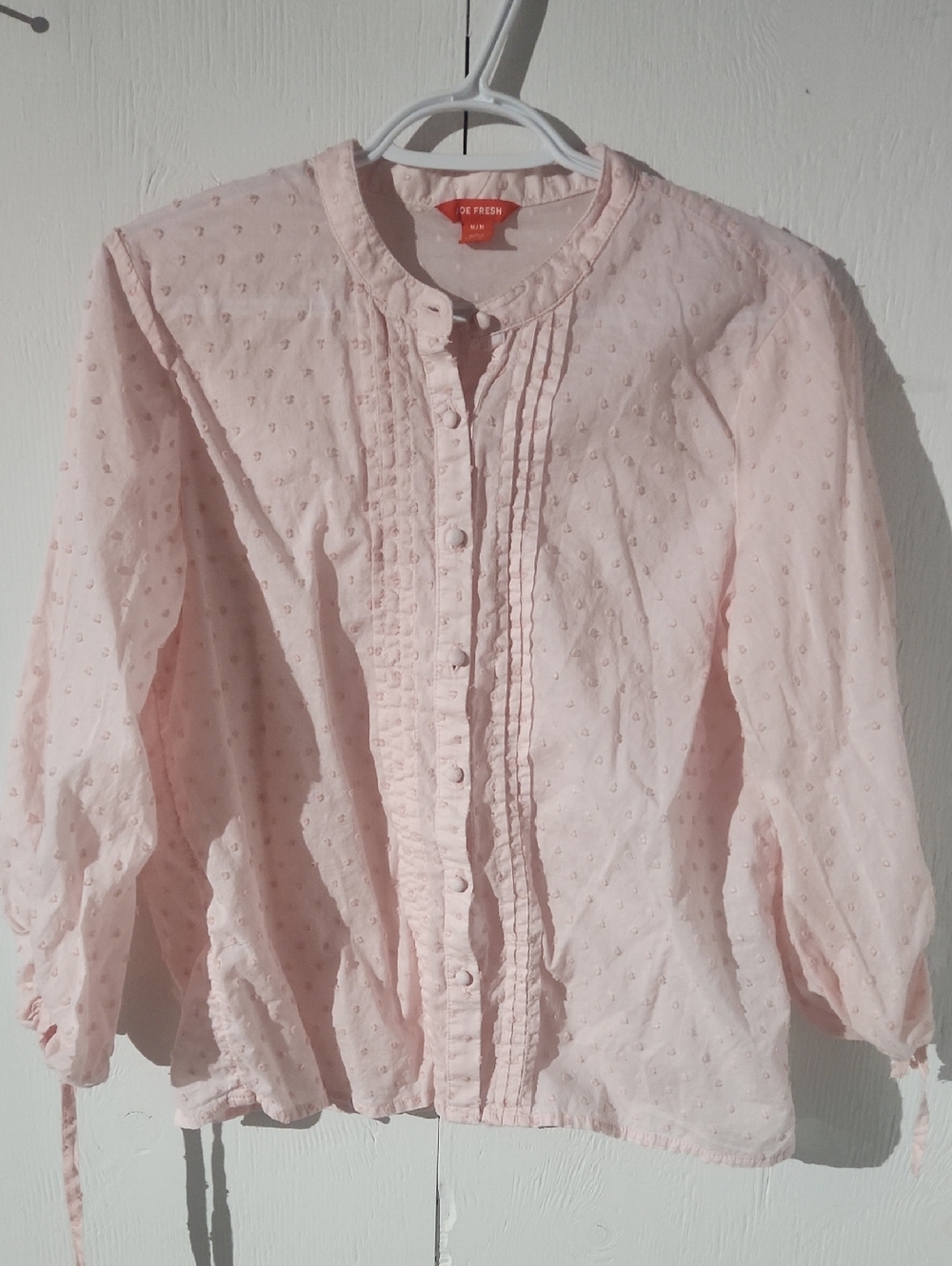 Joe Fresh light pink cotton blouse featuring swiss dot texture sz m